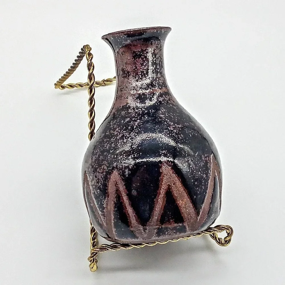 BEA L Black Brown Raku Pottery Vase SIGNED
